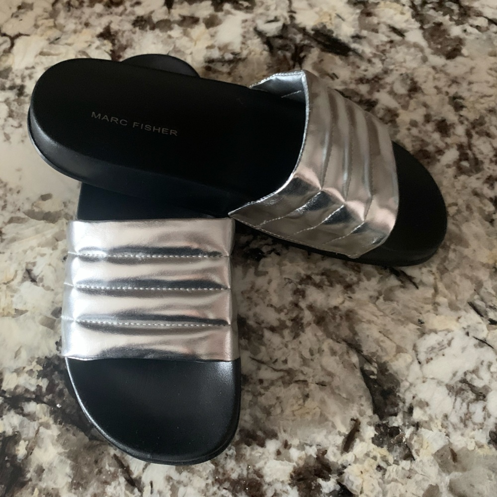 NEW Marc Fisher Metallic Silver Slides
